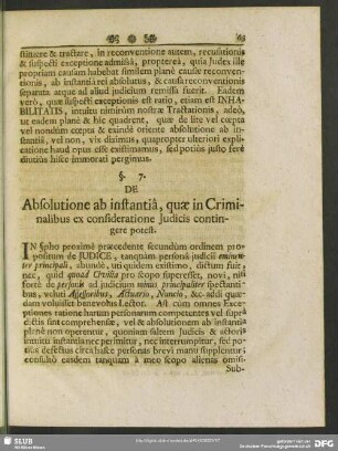 §. 7. De Absolutione ab instantia, quae in Criminalibus ex consideratione Iudicis contingere potest