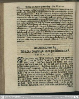 Am grünen Donnerstag. Würdige Niessung des heiligen Abendmahls. Text. I. Cor. XI, 23-32