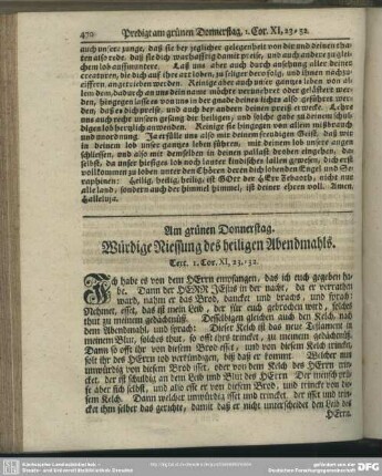 Am grünen Donnerstag. Würdige Niessung des heiligen Abendmahls. Text. I. Cor. XI, 23-32