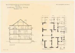 Umbau eines Landhauses Monatskonkurrenz Februar 1933: Grundriss Erdgeschoss mit den Umbaumaßnahmen (Abriss, Neubau), Querschnitt 1:100