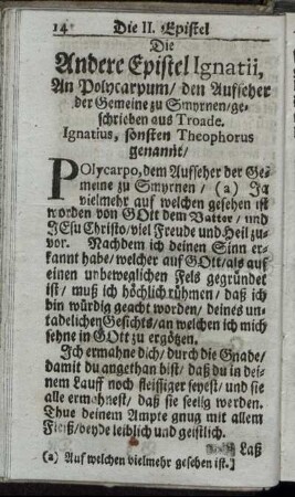 Die Andere Epistel Ignatii, an Polycarpum/ den Aufseher der Gemeine zu Smyrnen [...]