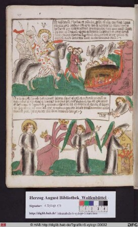 Oben: Das Tier und der falsche Prophet werden in die Hölle gestürzt (Offenb. 19,20). Unten: Der Drache wird gefesselt und im Abgrund eingeschlossen (Offenb. 20,1).