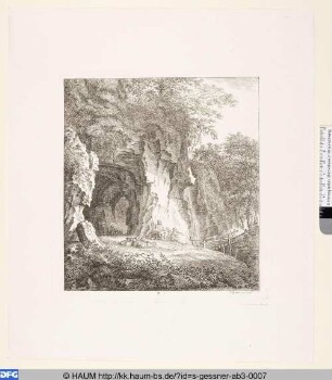 Felsenhöhle, davor zwei Hirten und ruhende Schafe