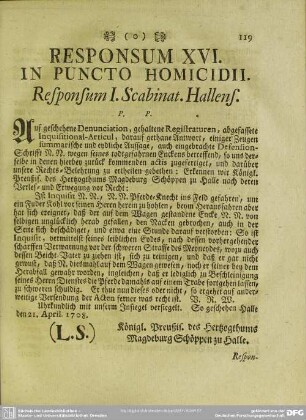 Responsum XVI. In Puncto Homicidii
