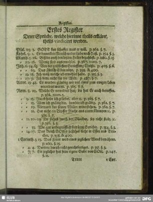 Erstes Register Derer Sprüche, welche hierinne theils erkläret, theils vindiciret werden