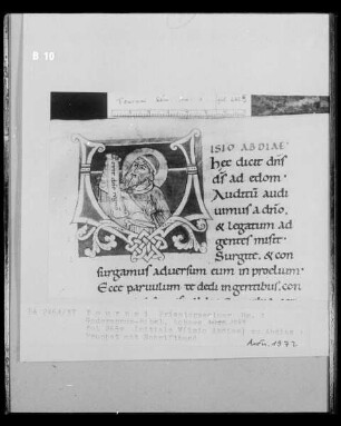 Ms. 1, Goderannus-Bibel, fol. 265v (?), Initiale V, Prophet mit Schriftband