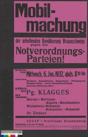 Plakat der NSDAP zu öffentlichen Parteiversammlungen am 6. Januar 1932 in Braunschweig