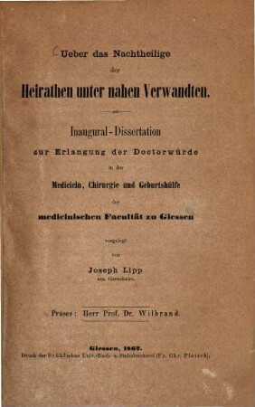 Ueber des Nachtheilige der Heirathen unter nahen Verwandten