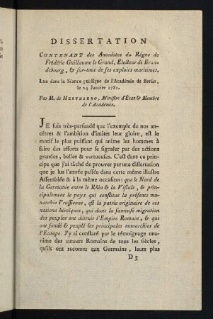 53-86, Dissertation Contenant des Anecdotes du Règne de Frèdéric Guillaume le Grand, ...