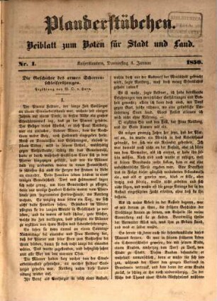 Plauderstübchen : Unterhaltungsblatt zum Kaiserslauterer Boten für Stadt und Land, 1850