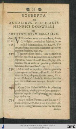 Excerpta ex Annalibus Velleianis Henrici Dodwelli per Christophorum Cellarium.