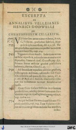 Excerpta ex Annalibus Velleianis Henrici Dodwelli per Christophorum Cellarium.