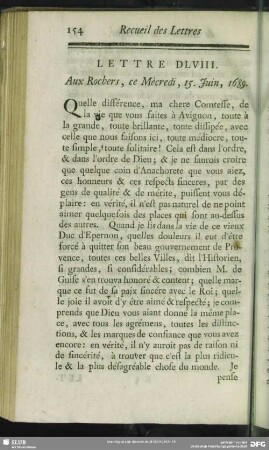 Lettre DLVIII. Aux Rochers, ce Mécredi, 15. Juin, 1689