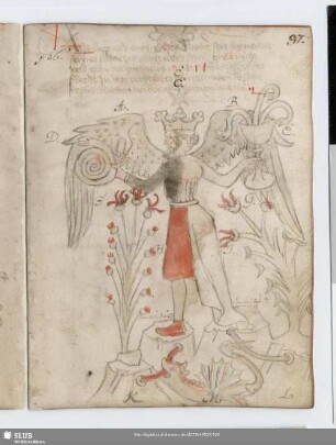 97r: kolorierte Federzeichnung: janusköpfige Gestalt: die alchemistische Rebis-Trinität