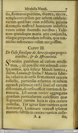Caput III. De Coelo simulque de Aere ejusque proprietatibus, & de Astronomia