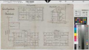 Medebach, Gerichtsgebäude, Kellergeschoss, I. Etage, II. Etage, Grundrisse, Schnitt
