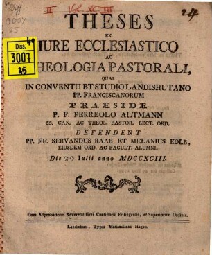 Theses ex iure ecclesiastico ac theologia pastorali
