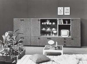 Anbauwand "Quadra" : Wohnzimmermöbel. Anbauwand "Quadra" (1977; VEB Möbelkombinat "neuzera" Rathenow), Blumenkasten und Beistelltisch