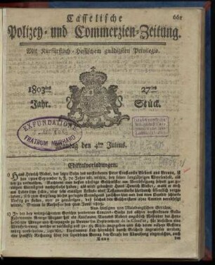 27tes Stueck, Montag den 4ten Julius 1803