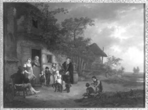 Szene mit Quacksalber vor einem Bauernhaus