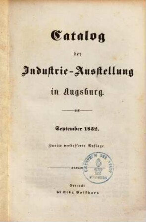 Katalog der Industrie-Ausstellung in Augsburg : September 1852