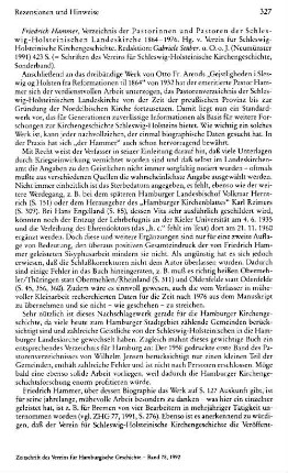 Hammer, Friedrich :: Verzeichnis der Pastorinnen und Pastoren der Schleswig-Holsteinischen Landeskirche 1864 - 1976, hrsg. vom Verein für Schleswig-Holsteinische Kirchengeschichte, Red.: Gabriele Stüber, (Schriften des Vereins für Schleswig-Holsteinische Kirchengeschichte, Sonderbd.) : Neumünster, 1991