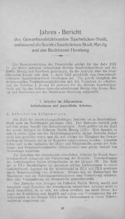 Jahres-Bericht des Gewerbeaufsichtsamtes Saarbrücken-Stadt, umfassend die Bezirke Saarbrücken-Stadt, Merzig und das Bezirksamt Homburg