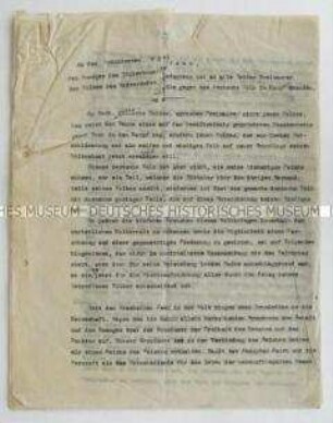 Maschinenschriftliches Manuskript eines Briefes deutscher Freimaurer an US-Präsident Wilson