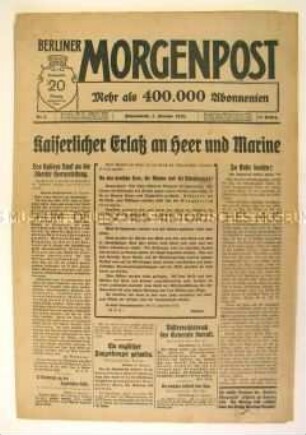 Tageszeitung "Berliner Morgenpost" zum Erlass des Kaisers an Heer und Marine aus Anlass des Jahreswechsel