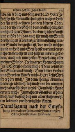 Dancksagung nach der Empfahung des wahren Leibes ...