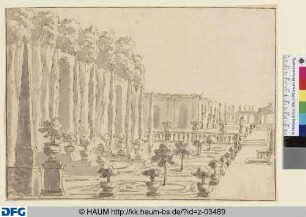 Heckengarten. Sechs Linkskulissen und Prospekt. Halbentwurf links