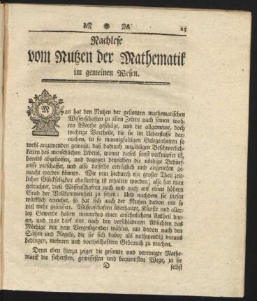 Nachlese vom Nutzen der Mathematik im gemeinen Wesen.