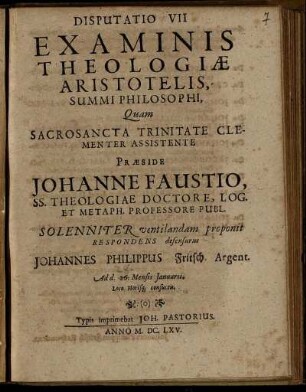 Disputatio VII Examinis Theologiae Aristotelis, Summi Philosophi