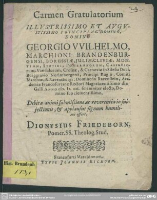 Carmen gratulatorium Georgio Wilhelmo, Marchioni Brandenburgensi ...