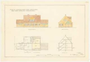 Typ II. Doppelhaus für 2 Familien aus der Siedlung Prenzlau: Straßenansicht, Seitenansicht, Grundriss EG, DG, Querschnitt 1:100