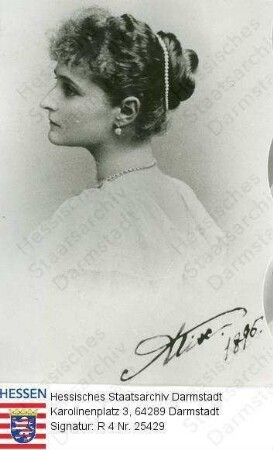 Alexandra Fjodorowna Zarin v. Russland geb. Prinzessin Alix v. Hessen und bei Rhein (1872-1918) / Porträt, rechtsgewandte und -blickende Profil-Halbfigur mit faks. Unterschrift