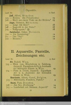 II. Aquarelle, Pastelle, Zeichnungen etc.