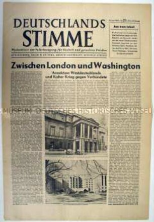 Wochenzeitung der Volkskongressbewegung "Deutschlands Stimme" zur Deutschlandpolitik der Westalliierten