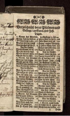Verzeichnüß derer Psalmen und Gesänge/ an Sonn- und Festtagen