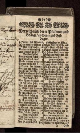 Verzeichnüß derer Psalmen und Gesänge/ an Sonn- und Festtagen