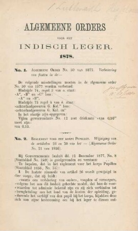 Algemeene orders voor het indisch leger 1878. No. 1 - No. 78