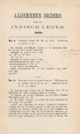 Algemeene orders voor het indisch leger 1878. No. 1 - No. 78