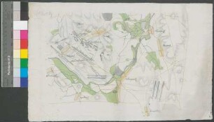 Sachwitz; [ohne Titel; Manöverkarte]; ohne Verfasser; ohne Maßstab; 44 x 28 cm; Kartenrand: Galgenberg-Sachwitz; Schilagwitz-Christelwitz; Guhrwitz-Creuselwitz; Krieblowitz-Woigwitz; Papier; Federzeichnung mit Schraffen; Siedlungen, Flüsse, Talauen und Wälder in Wasserfarben.