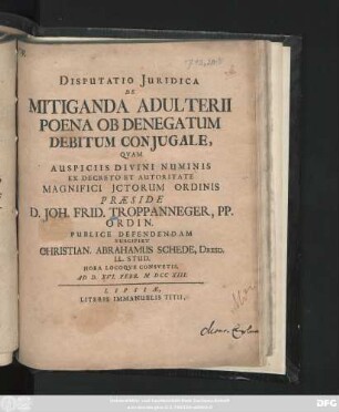 Disputatio Juridica De Mitiganda Adulterii Poena Ob Denegatum Debitum Conjugale