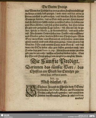 Die Fünffte Predigt. Darinnen das fünffte Wort, das Christus am Stam[m] des Creutzes geredet hat, erkleret wird