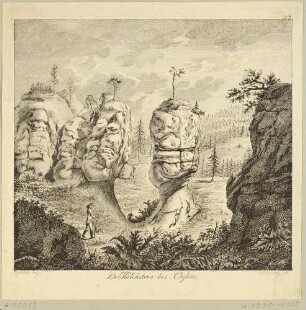 Der Pilzfelsen "Kelchstein" südlich von Oybin im Zittauer Gebirge, aus Leskes Reise durch Sachsen von 1785