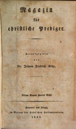 Magazin für christliche Prediger. 3. 1830
