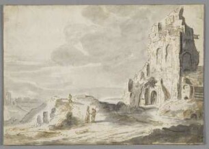 Landschaft mit Ruine und Wanderern