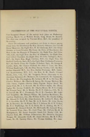 Proceedings at the Inaugural Dinner.