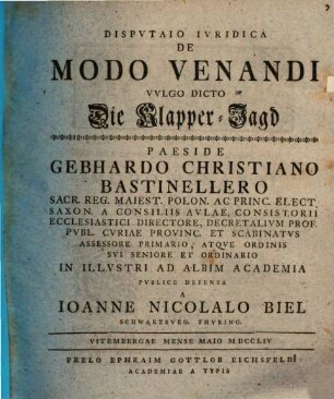 Dispvtaio Ivridica De Modo Venandi Vvlgo Dicto Die Klapper-Jagd